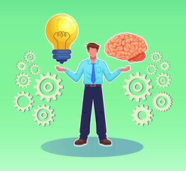 Businessman worker holding a lightbulb and human brain idea symbol vector illustration.