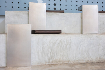 Front view of step or slope seat decorated in modern loft style with earth tone color and metallic desk in meeting room or stadium provides comfortable and relaxation for luxurious style vacation.