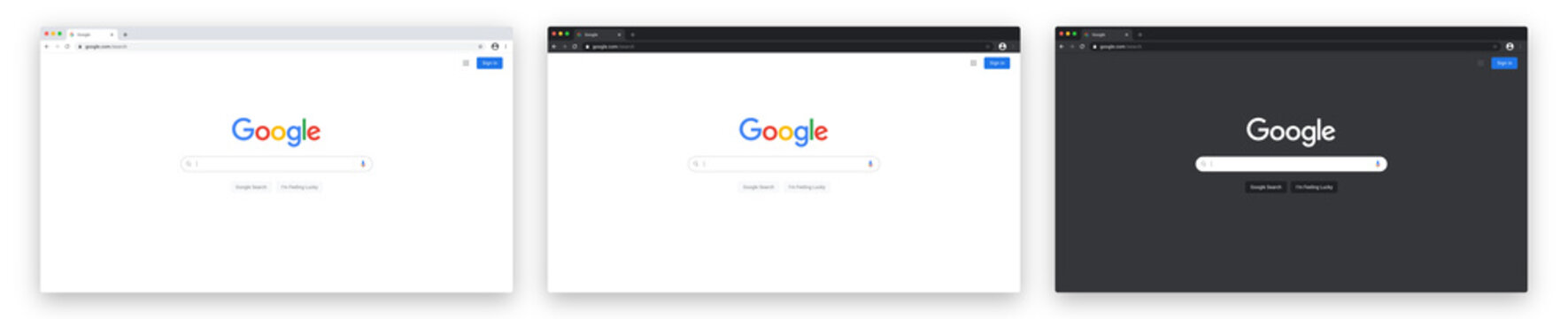 Google Chrome browser  displaying Google search web page, vector mockup set : light and dark themes. Realistic isolated search engine window on white background. Vector to PNG illustration.