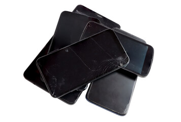 Mobile phone screen is broken, Old cellphones,  Electronic waste concept. Clipping path