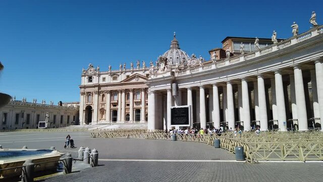 Europe, Italy , Rome  June 2021 -  St. Peter's Church basilic, the Vatican.Piazza San Pietro, Stato Vaticano - fountain and square empty of tourist after finish of lockdown due Covid-19 Coronavirus 