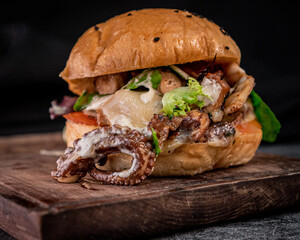 Appetizing octopus and Jack cheese burger