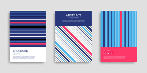 Striped background. Set of A4 vertical brochures with colorful lines. Business template collection. Cover design in flat style. Vector illustration. Design poster, wallpaper, notebook, catalog.