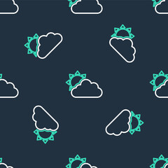 Line Sun and cloud weather icon isolated seamless pattern on black background. Vector