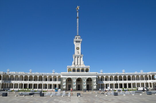 Moscow, Russia - June 3, 2021: The building of the Northern River Station after restoration on a sunny day