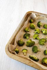 Homemade Roasted Broccoli with Salt and Pepper, low angle view. Copy space.