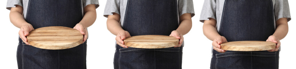 Chef holding wooden cuttingboard on white background