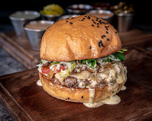Great blue cheese burger served on a slab