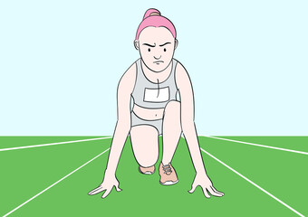 The young girl is getting ready to run on the track. Hand drawn style vector design illustrations.