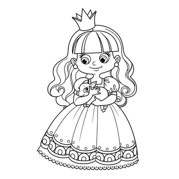Cute cartoon princess hold baby piglet in hands outlined and color for coloring book