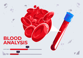 vector illustration of a template for blood analysis in a glass tube with an enlarged image of blood cells