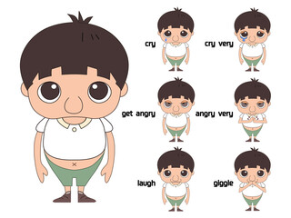 かわいい笑ったり怒ったり泣いたりの仕草をしているおなかを出しているキャラクター