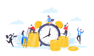 Time is money or save time business concept flat style vector illustration isolated on white background. Financial investment and marketing planning of money growth with US coin, big clock and people.