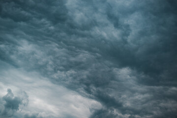 Fototapeta na wymiar Sky landscape. Dark blue storm clouds, cloudy sky before rain. Dramatic skies, bad stormy weather. Natural background