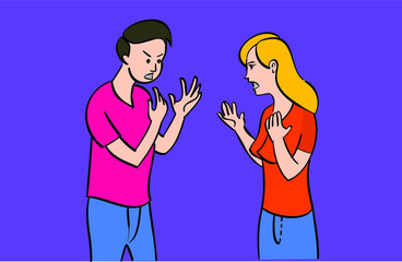 Fototapeta premium Unhappy young couple arguing , angry husband pointing at wife blaming her of problems, conflicts in marriage, bad relationships, man and woman having quarrel or disagreement