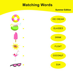 Matching words game summer edition. Matching words game for kids. Educational printable game cards. Preschool Education. Vector illustration.