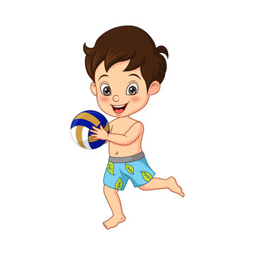 Cartoon little boy with beach volleyball