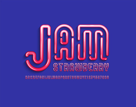 Original pink font in the 3d style, modern alphabet, bold letters and numbers made in jam style, vector illustration 10eps