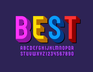 3D modern Font, trendy colored alphabet, condensed letters and numbers, vector illustration 10eps