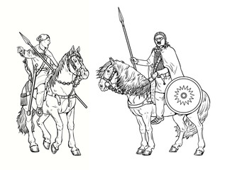 Mounted Germanic warriors. Mounted knight before the battle. Digital drawing.	