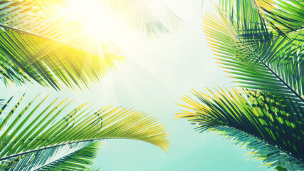 Obraz na płótnie Canvas Tropical palm tree with sun light on sunset sky and cloud abstract background.