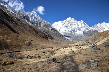 View of Annapurna South from hiking trail near Annapurna Base Camp, Nepal