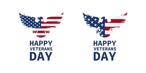 Set of color illustrations of eagle, flag, text on white background. Designer element for emblem, poster, icon, label and stickers. Day of veterans in the USA. Vector illustration. US symbol.