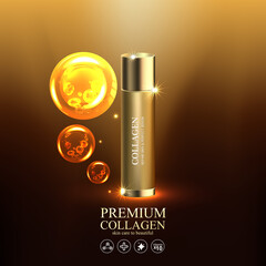 Collagen Gold Serum and Vitamin Premium Background Effect for Skin Care Cosmetic Poster.