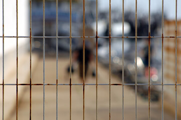 The first steps in freedom of a man who comes directly from jail. A blurred person behind a grid.