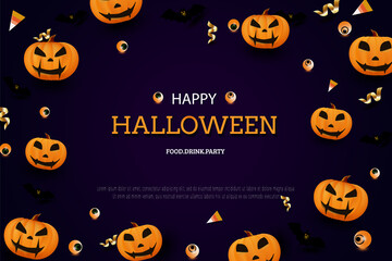 happy halloween on purple background and some orange pumpkin decoration.