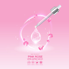 Rose Collagen Solution Serum  and Vitamin Pink Background for Skin Care Cosmetic concept.