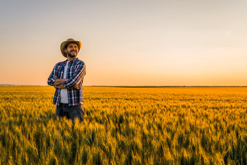 Farmer is standing in his growing wheat field. He is happy because of successful sowing. - obrazy, fototapety, plakaty