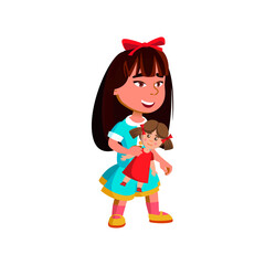 small asian girl playing with doll in kindergarten cartoon vector. small asian girl playing with doll in kindergarten character. isolated flat cartoon illustration