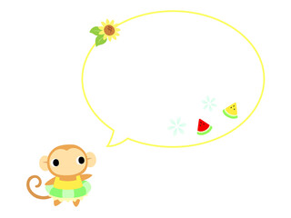 夏のサルアイコン　吹き出し＋装飾付