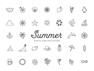 夏のシンプルな線画アイコンセット / ビーチ、海、自然、動物、花、果物 / モノクロ - obrazy, fototapety, plakaty