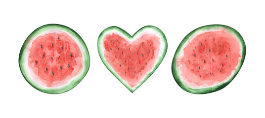 Set of 3 watermelon slices isolated on a white background. Watercolor summer fruit clipart. Hand-drawn half watermelons. Food objects. Oval, circle, heart shape watermelon frames.