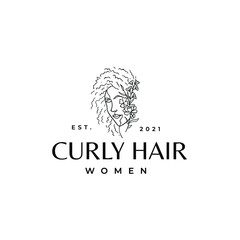 Abstrac Face Women Curly Hair With Flower Drawing Logo Vector Ilustration Template