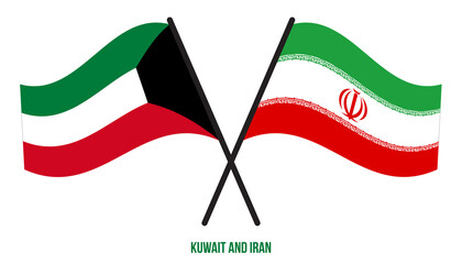 Kuwait and Iran Flags Crossed And Waving Flat Style. Official Proportion. Correct Colors.