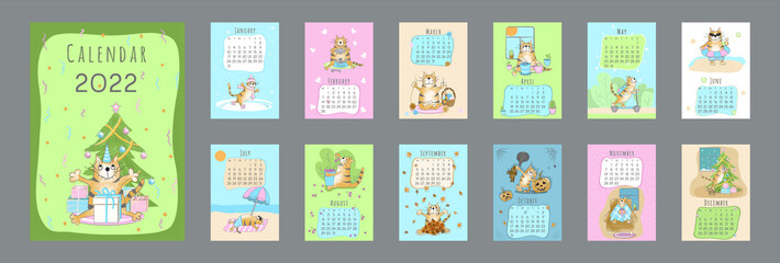 2022 calendar template. Cover and set of 12 months pages. Funny Cartoon ginger tabby cat character in different poses. Week starts on Monday. Vector illustration, vertical A4 format.