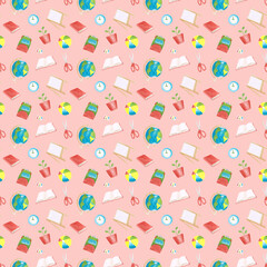 Watercolor school seamless pattern on a pink background. A book, a plant in a pot, a ball, a rocket, a pencil, a board, a scissors, a globe, and a rucksack on a endless print.