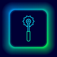 Glowing neon line Pizza knife icon isolated on black background. Pizza cutter sign. Steel kitchenware equipment. Colorful outline concept. Vector