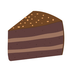 Chocolate cake vector illustration. Piece of cake with nuts on top. Brown biscuit with cream layers isolated on white background. Flat style 