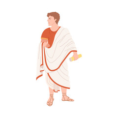 Young Male Roman Wearing Long Tunic and Sandals as Traditional Clothes Vector Illustration