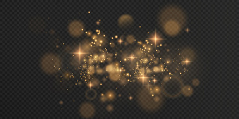 Gold sparkling dust with gold sparkling stars on a transparent background.Glittering texture. Christmas effect for luxury greeting rich card. Gold dust PNG. - obrazy, fototapety, plakaty