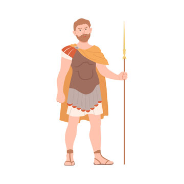 Ancient Roman Soldier Or Greek Warrior Standing With Spear Vector Illustration