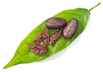 dried cocoa beans on the fresh cocoa leaf, isolated on white background, top view