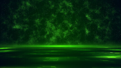Abstract Green Shine Tech Digital Floor With Glitter Dust And Fractal Cloudy Background