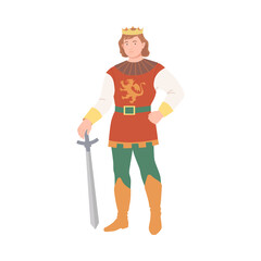 Young Prince with Golden Crown Holding Sword as Fabulous Medieval Character from Fairytale Vector Illustration