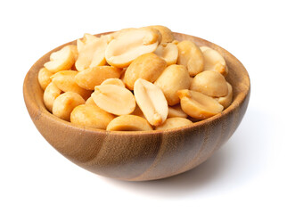 roasted peanuts in the wooden bowl, isolated on white