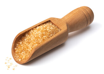 yellow sanding sugar in the wooden scoop, isolated on white background